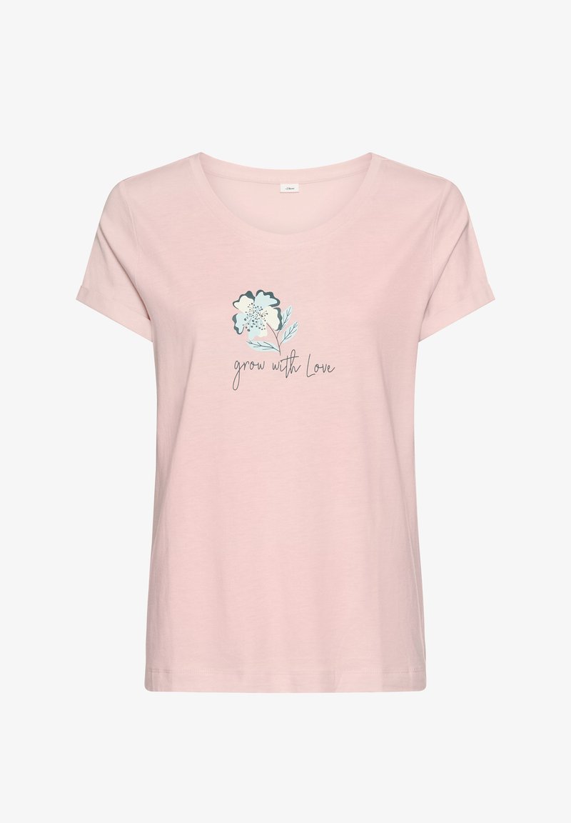 Svetloružové tričko s krátkym rukávom, na prednej strane s modro-bielym kvetinovým motívom a nápisom "grow with Love" v kurzívnom písme.