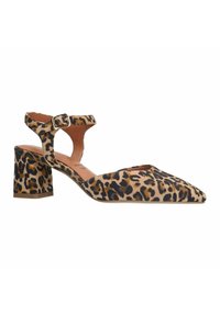 Scarpa con tacco alto in stampa leopardata, con finitura in suede testurizzato, punta affusolata, cinturino alla caviglia e un tacco corto e spesso.