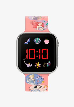 Orologio smartwatch rosa con display nero e cifre rosse, decorato con illustrazioni vivaci dei personaggi Disney e icone fantasiose.