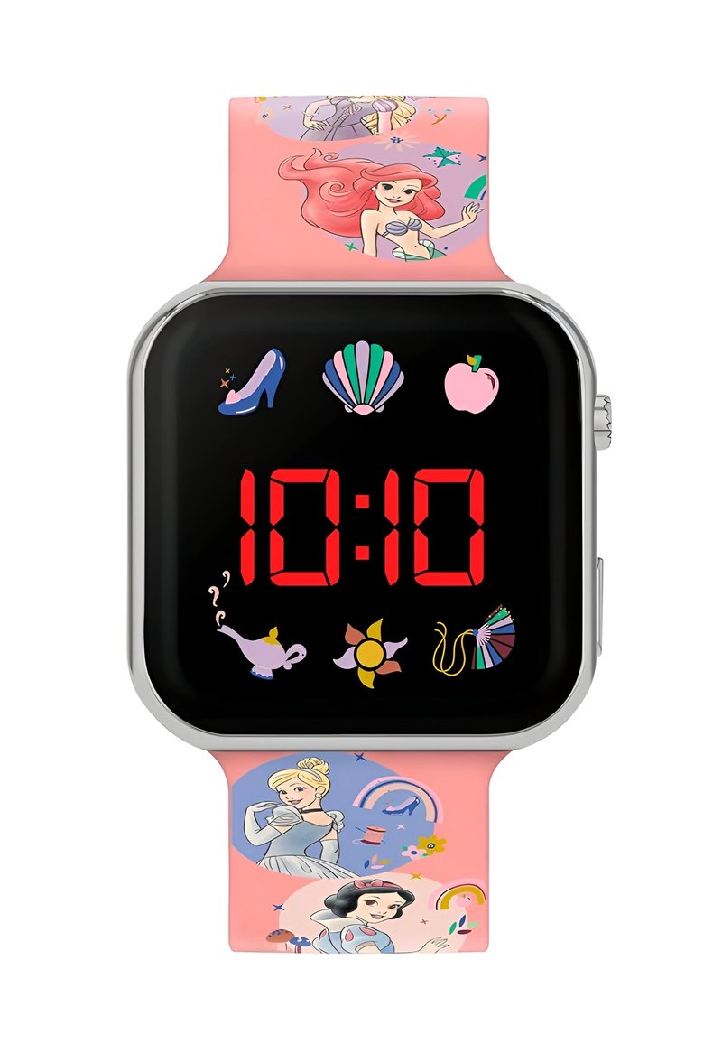 Orologio smartwatch rosa con display nero e cifre rosse, decorato con illustrazioni vivaci dei personaggi Disney e icone fantasiose.