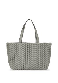 Sac fourre-tout tressé gris avec deux poignées, arborant un motif en zigzag texturé. Matériau robuste et design spacieux, adapté à un usage quotidien.