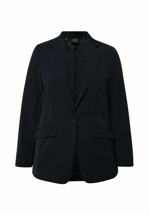 Marineblazer met een enkele knoopsluiting, notch-kraag, twee voorke pocketen en een gladde textuur. Binnenvoering met een subtiel patroon.