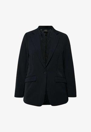 Marineblazer met een enkele knoopsluiting, notch-kraag, twee voorke pocketen en een gladde textuur. Binnenvoering met een subtiel patroon.