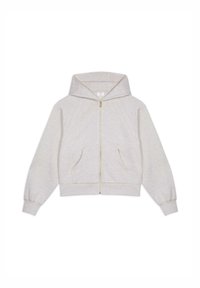 Sudadera con capucha de color gris claro y cierre de cremallera, con puños y dobladillo acanalados, que cuenta con dos bolsillos frontales y una textura suave. Detalle de cremallera dorada.