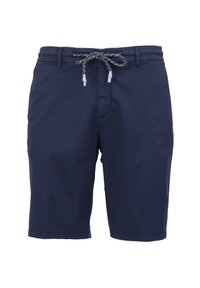 Marine zwemshorts gemaakt van lichtgewicht stof, met een verstelbare tailleband in combinatie met blauwe en witte accenten en zijzakken.