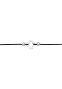 Black cord bracelet featuring a silver metal charm shaped like a cross, accented by two round silver beads on either side.