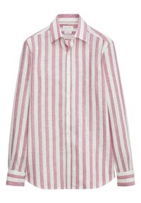 Camicia a maniche lunghe a righe con righe verticali rosse e bianche, realizzata in lino, con chiusura frontale a bottoni e colletto, dal taglio rilassato.
