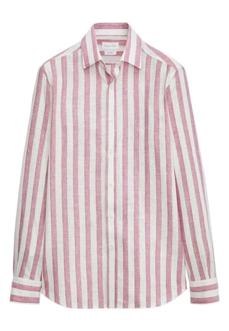 Camicia a maniche lunghe a righe con righe verticali rosse e bianche, realizzata in lino, con chiusura frontale a bottoni e colletto, dal taglio rilassato.