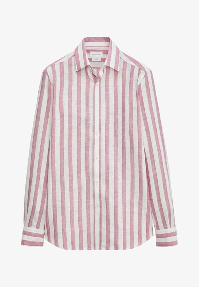 Camicia a maniche lunghe a righe con righe verticali rosse e bianche, realizzata in lino, con chiusura frontale a bottoni e colletto, dal taglio rilassato.
