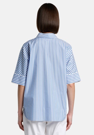 Blue and white striped button-up shirt with short sleeves, a collar, and a relaxed fit. Made from a smooth, lightweight fabric.