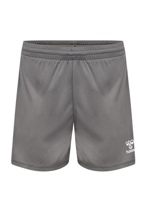 Grå atletiske shorts lavet af glat stof, med en elastisk talje og et lille hvidt logo på den nederste forside.