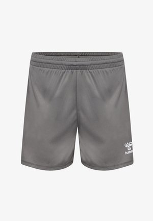 Grå atletiske shorts lavet af glat stof, med en elastisk talje og et lille hvidt logo på den nederste forside.