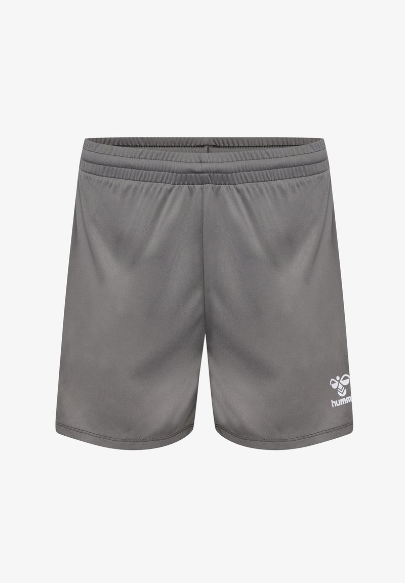 Grå idrottsshorts i slät tyg, med resårmidja och en liten vit logotyp på nedre framsidan.