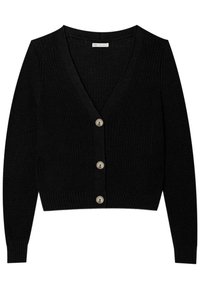 Cardigan court en tricot noir avec des manches longues, un col en V et trois grands boutons beiges sur le devant.