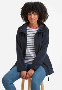 Navy blue waterproof jacket with a hood, featuring a zip closure, side pockets, and adjustable drawstring hem. Worn over a striped shirt.