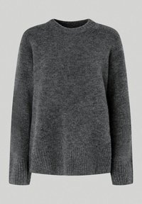 Maglione in misto lana grigio con scollo rotondo, maniche lunghe e polsini a coste. Texture morbida con vestibilità comoda e senza motivi visibili.