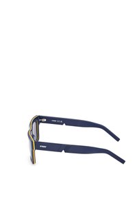 Gafas de sol azul marino con un diseño rectangular, que cuentan con franjas de acento amarillas en la parte superior y patillas azules texturizadas. Branding de K-Way visible.
