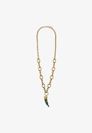 Złoty naszyjnik z łańcuchem, ozdobiony zawieszką w kształcie rogu z turkusową i czarną emalią oraz okrągłymi akcentami. Łańcuszek ma regulowane zapięcie.