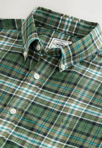 Chemise à carreaux verts et bleus avec boutons blancs et col boutonné, pliée pour montrer l'encolure et la poitrine.