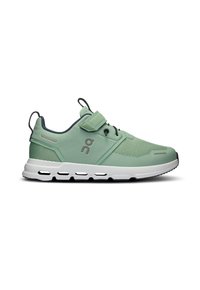 Light green athletic shoe with mesh upper, padded collar, adjustable strap, and white sole featuring ventilation cutouts.