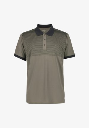 Olivengrøn polo med sort krave og ærmedetaljer, med vandrette striber på øverste del og tre knapper ved halsudskæringen.