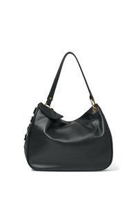 Borsa a tracolla in pelle nera con una texture liscia, silhouette curvata, chiusura a pattina e accenti in hardware dorato sulla tracolla.