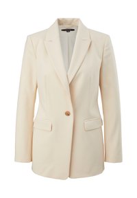 Blazer beige realizzato in tessuto liscio, con rever a punta, chiusura con un bottone, due tasche frontali e vestibilità sagomata.