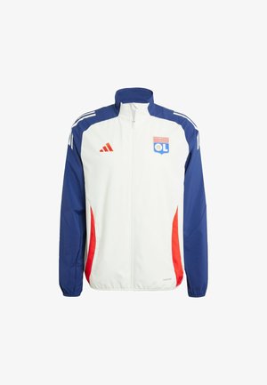 Giacca atletica bianca con maniche blu, accenti laterali rossi e cerniera. Presenta il logo dell'Olympique Lyonnais e il marchio adidas.