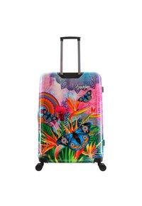 Hard-shell suitcase featuring a vibrant floral and butterfly design in blue, orange, and pink colors; includes a retractable handle and wheels.
