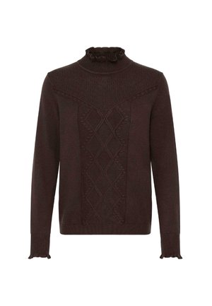 Brązowy sweter dzianinowy z wysokim, falbaniastym kołnierzem, strukturalnym wzorem w diamenty z przodu, ściągaczami przy mankietach oraz falbaniastym wykończeniem dołu.