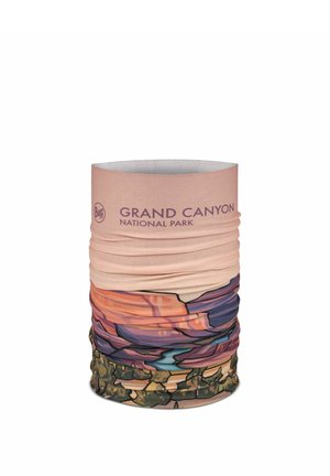 Buff multifuncional para cuello con el texto Grand Canyon National Park y una ilustración colorida del paisaje rodeando la tela.