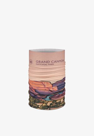 Buff multifunctional neck gaiter with Grand Canyon National Park text and colorful landscape illustration wrapped around the fabric.