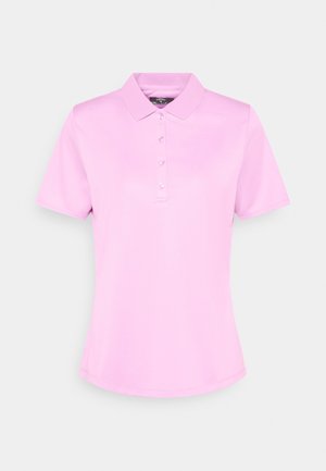 Lys pink polo skjorte med korte ærmer, klassisk krave og fem-knap lægning. Glat stof med diskret glans og uden mønstre.
