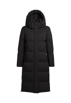 Schwarze gepolsterte Jacke mit hohem Kragen, langen Ärmeln und Seitentaschen. Glattes Material mit steppdesign und verdecktem Frontverschluss.