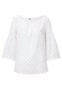 Blusa blanca con mangas acampanadas, con un escote redondo y pequeños lunares dorados. Confeccionada en una tela ligera con un acabado texturizado.