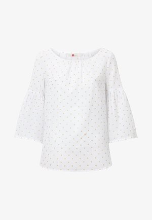 Valkoinen pusero, jossa on kellohihat, pyöreä kaula-aukko ja pieniä kultaisia pilkkuja. Valmistettu kevyestä kankaasta, jossa on teksturoitu pinta.