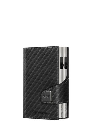 Black carbon fiber wallet with a textured surface, fitted with silver metal accents and a logo. Holds two cards securely.
