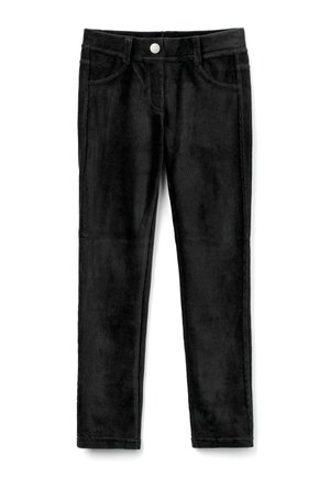 Schwarze Cordhosen mit schlanker Passform, ausgestattet mit traditionellen Taschen und einem vorderen Knopfverschluss. Weicher Stoff mit vertikalen Rippmustern.