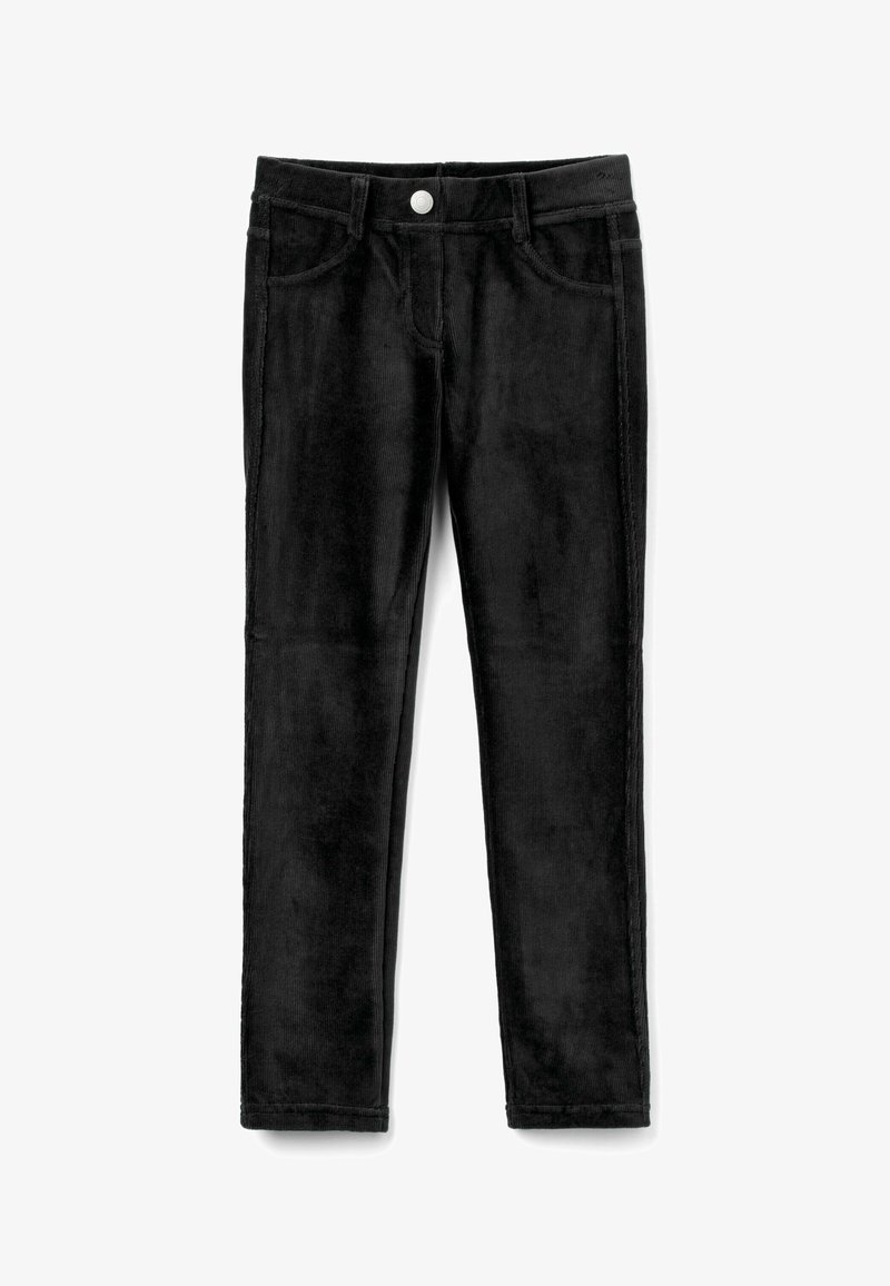 Pantaloni in corduroy neri con vestibilità slim, con tasche tradizionali e chiusura frontale con bottone. Texture morbida con pattern a righe verticali.