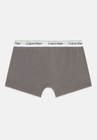Pelēki Calvin Klein vīriešu bokseršorti ar baltu jostu, uz kuras atkārtoti redzami melni Calvin Klein logotipi.