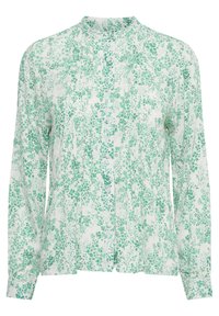 Long-sleeve blouse with a high neck, made of lightweight fabric, featuring a green floral pattern on a white background and button accents.
