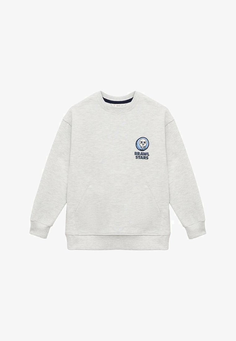 Light gray sweatshirt made of soft material, featuring a round neck, long sleeves, and a front graphic with "BRAWL STARS" text and logo.