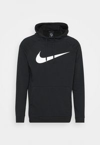 Sweat à capuche Nike noir avec une poche kangourou et une capuche à cordon. Présente un grand logo Nike swoosh blanc sur le devant. Fabriqué en tissu doux.