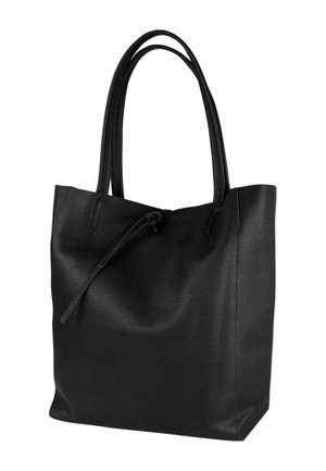 Sac fourre-tout en cuir noir avec doubles bretelles d'épaule et une fermeture à nouer en haut, présentant une surface texturée et une forme rectangulaire structurée.