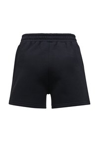 Schwarze Shorts aus weichem Stoff mit elastischem Bund und Bündchen. Verfügt über ein einfaches, ungeschmücktes Design ohne sichtbare Taschen.