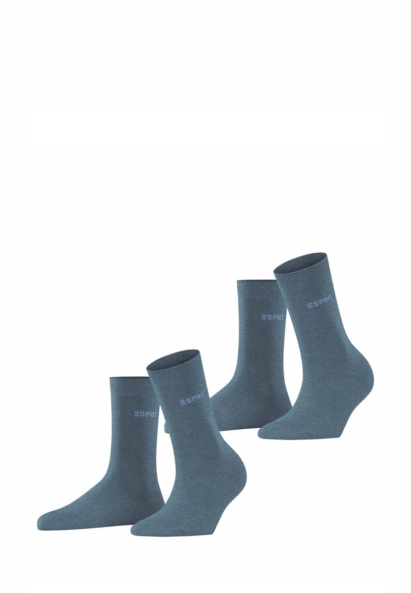 Blaue Baumwollsocken im Set, mit gerippten Bündchen und Logo. Glatte Textur und Knöchellänge. Vier Paar abgebildet, in verschiedenen Winkeln ausgerichtet.
