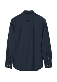 Navy blauwe langemouwen shirt met een kraaghals, knoopmanchetten en een inzetstuk op de achterkant, gemaakt van een gladde stof.