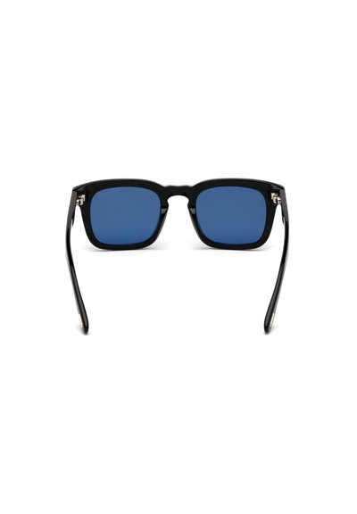 Black rectangular sunglasses with blue lenses, featuring a plastic frame, metal accents, and slender temple arms.
