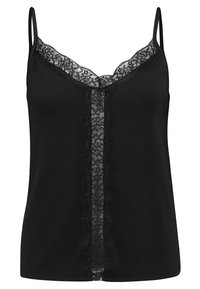 Camisole noire avec bordure en dentelle et empiècement. Comprend des bretelles spaghetti réglables et un décolleté festonné. Tissu doux avec une texture lisse.