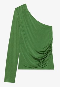 Enaxelad grön topp med rynkdetalj på framsidan, tillverkad av ett mjukt, stretchigt tyg, med elastisk halsringning och lång ärm.